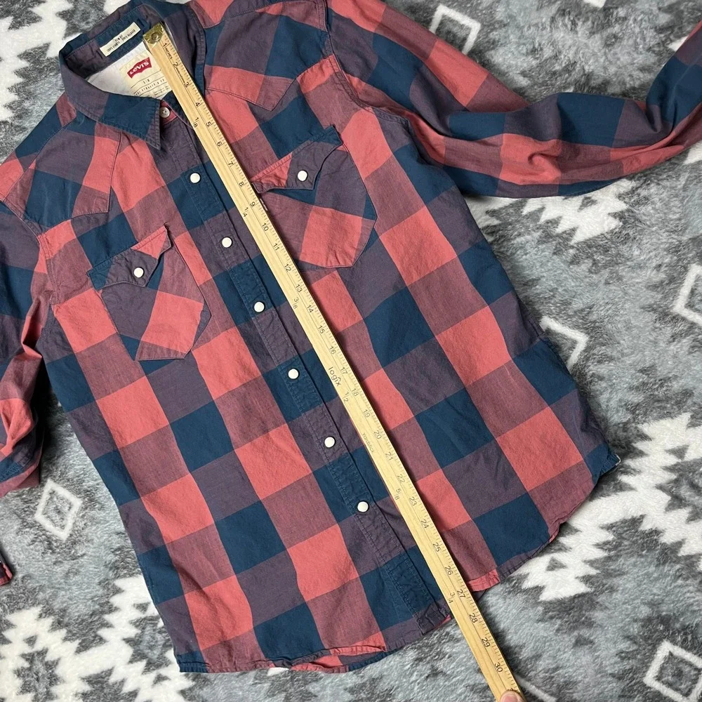 Levis Mens Buffalo Plaid Western Snap Shirt Red Navy Blue Slim Fit Large